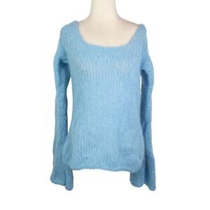 Vintage 90s Light Blue Fuzzy Mohair Wool Knit Flare Sleeve Sweater S